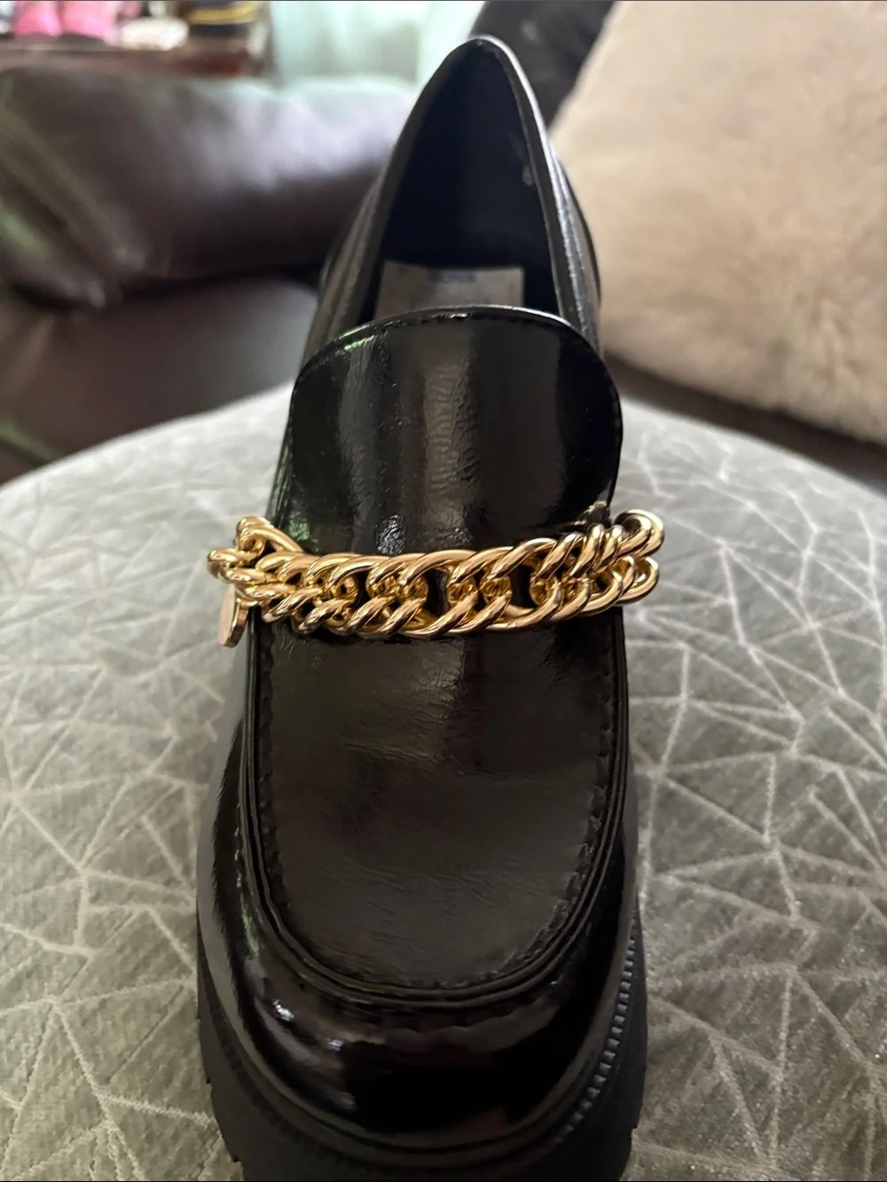 Black Platform Loafer with Gold Chain Accent - Women's Shoes